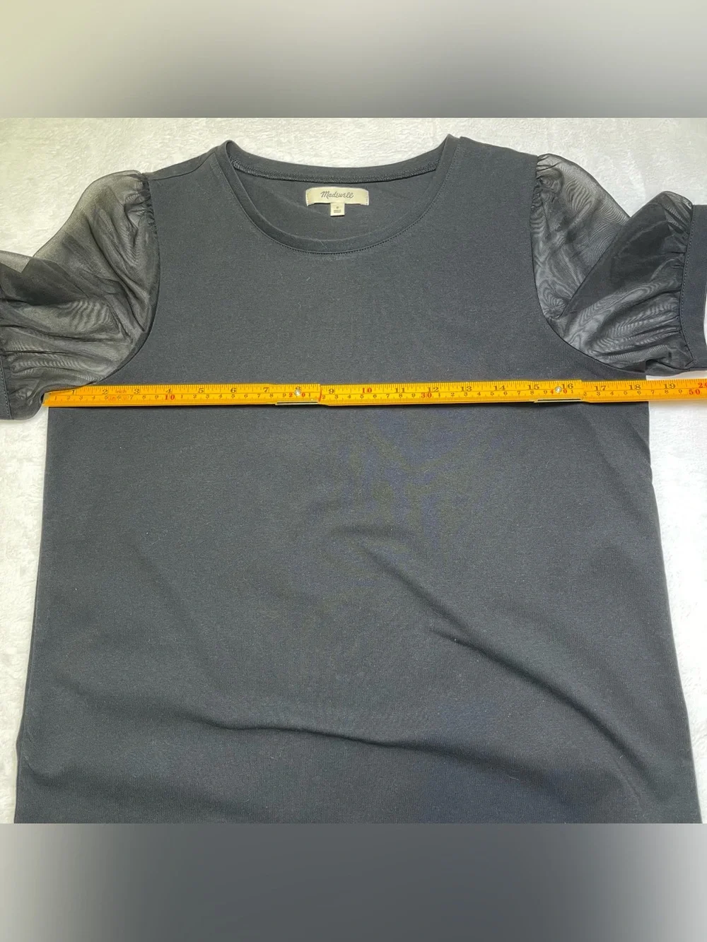 Madewell Black Sheer Puff Mesh Sleeve Crewneck Tee Top Knit Blouse Size Small